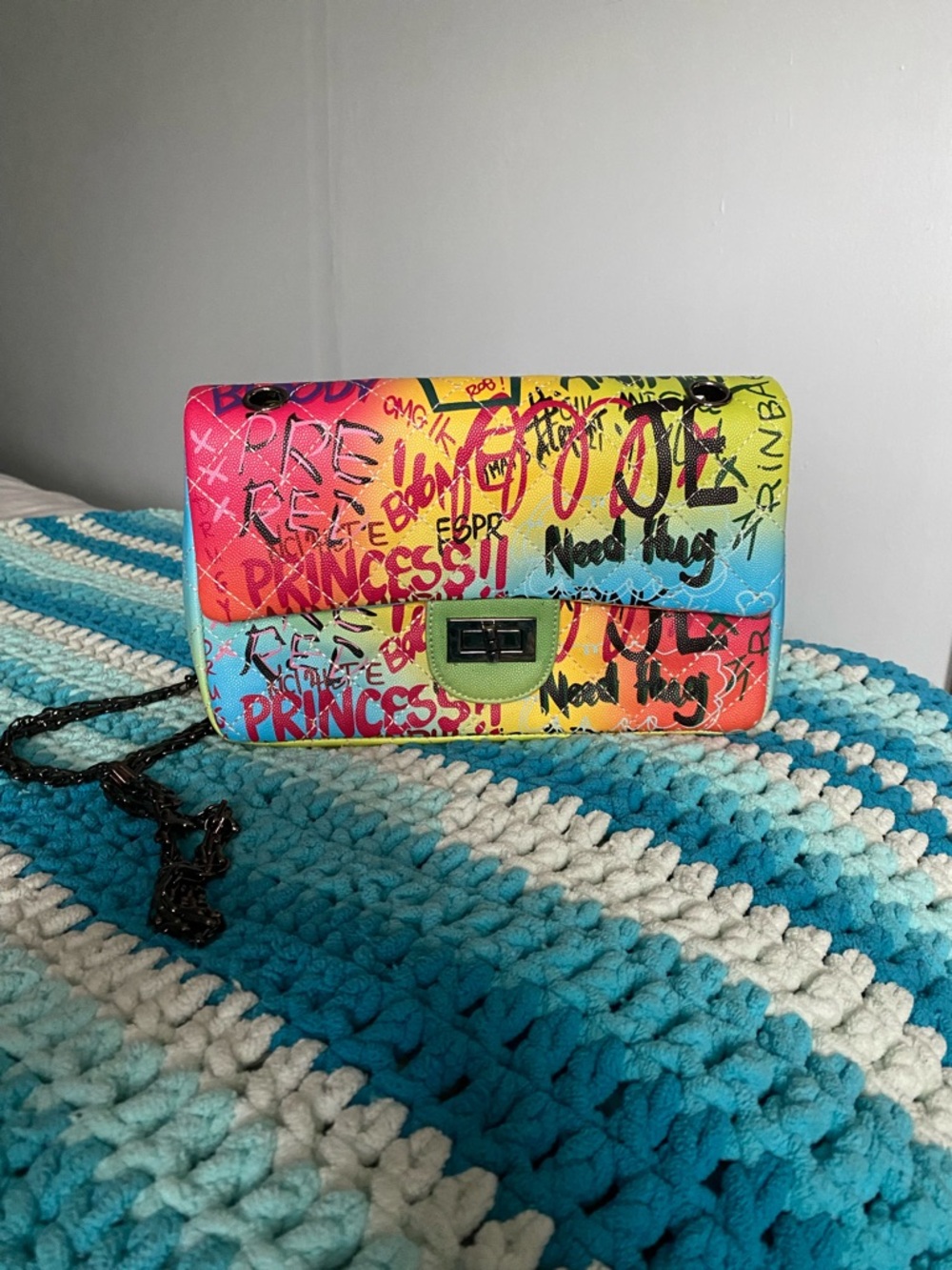 Multicolor Graffiti Crossbody Bag with Chain Strap